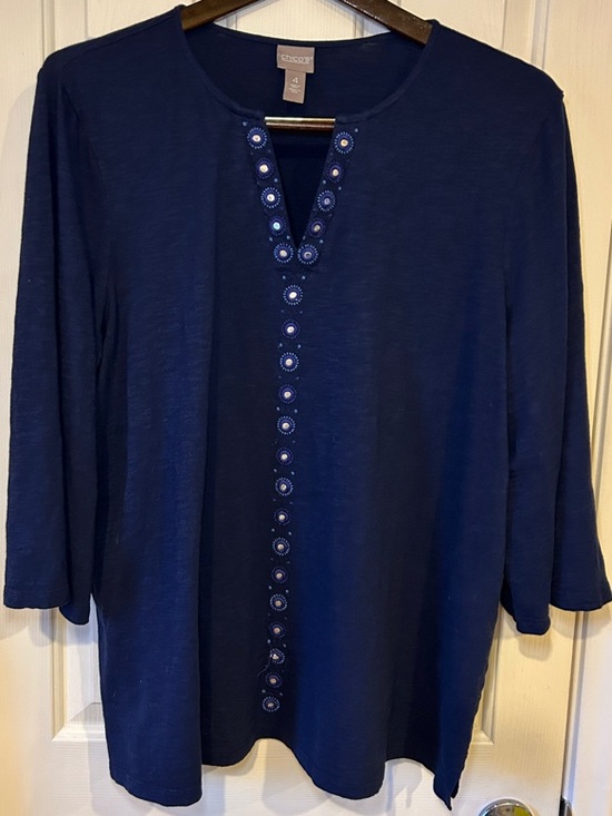 Chico's Tops - Chico's Navy Blue Soft Embellished Split V Tunic